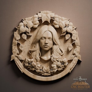 May include: A wooden relief carving of a woman's face with long flowing hair, framed by a wreath of leaves. The carving is in a circular shape and has a natural wood color. The image includes the text "CNC Router Ideas".