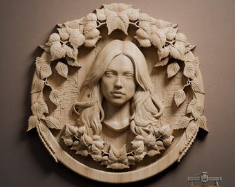 Birch Leaf Lady Portrait Relief – 3D Wood Carving STL File for CNC Router