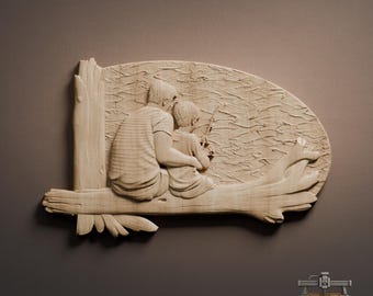 Father & Son Fishing Relief – 3D Wood Carving STL File for CNC Router