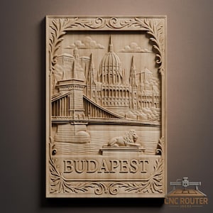 May include: A wooden relief carving of Budapest, featuring the Parliament Building, Chain Bridge, and a lion statue. The word "Budapest" is carved at the bottom, framed by decorative flourishes. The artwork is framed with a floral border.