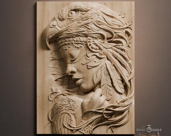 Relieve de mujer nativa con espíritu de águila: archivo STL de tallado en madera 3D para fresadora CNC