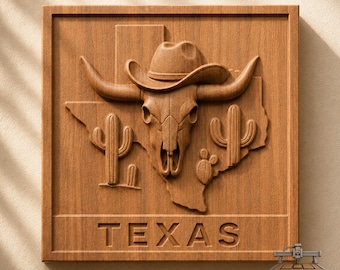 May include: A square wooden wall plaque featuring a relief carving of the state of Texas. The design includes a longhorn skull wearing a cowboy hat, two saguaro cacti, and a prickly pear cactus. The word TEXAS is carved in block letters below.