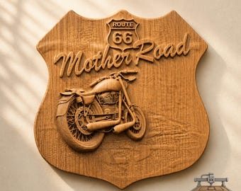 Route 66 3D Wood Carving STL File: Motorcycle Relief (Digital Download)