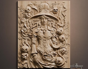 Witchy Halloween Lady Relief – 3D Wood Carving STL File for CNC Router