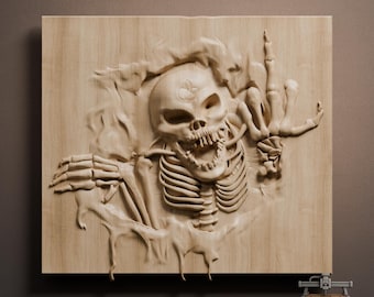 Skeleton Skull Middle Finger Relief – 3D Wood Carving STL File for CNC Router