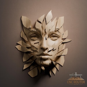 Peut inclure: Sculpture en bois représentant un visage avec un design fragmenté. Le visage est sculpté avec des détails, notamment les yeux, les sourcils et les lèvres. Les morceaux de bois environnants créent un effet brisé, sur fond marron. Une œuvre d'art unique.