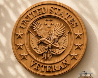 May include: A circular wooden wall plaque featuring a carved United States Veteran emblem. The design includes a central eagle with outstretched wings, five stars above, and the text UNITED STATES VETERAN engraved along the circular border.