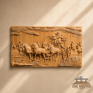 May include: A rectangular light brown wooden wall plaque featuring a detailed relief carving of a stagecoach pulled by four horses. The scene includes figures riding the coach, additional riders on horseback, and textured foliage in the background.