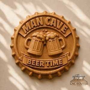 May include: A circular wooden wall sign shaped like a bottle cap with a light brown finish. The sign features carved text that reads MAN CAVE at the top and BEER TIME on a banner at the bottom, with two carved beer mugs in the center.