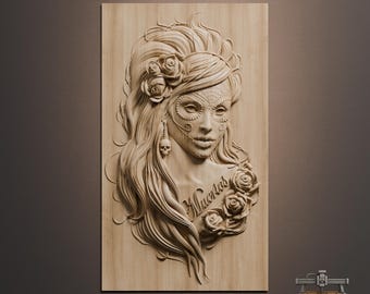 Day of the Dead Sugar Skull Girl Relief – 3D Wood Carving STL File for CNC Router