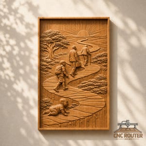 May include: A rectangular wooden wall art piece featuring a relief carving of a winding path leading toward a rising sun. The scene depicts a human life cycle, showing a crawling baby, a child with a backpack, an adult, and an elderly person.