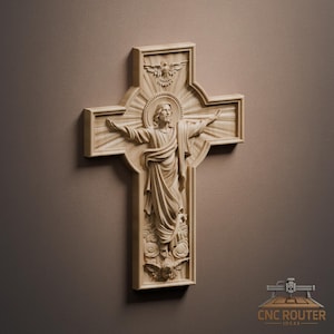 May include: A wooden cross with a carved relief of Jesus Christ with outstretched arms, surrounded by a halo and a dove. The cross is light brown and mounted on a brown background. The image is a religious symbol.