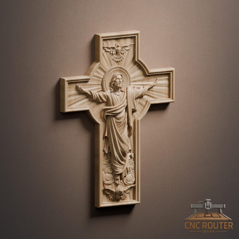 May include: A wooden cross with a carved relief of Jesus Christ with outstretched arms, surrounded by a halo and a dove. The cross is light brown and mounted on a brown background. The image is a religious symbol.