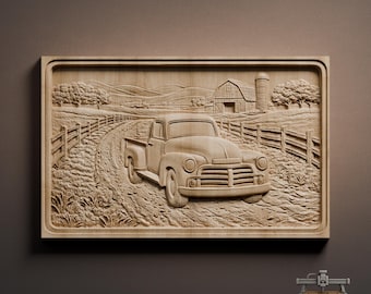 Vintage boerderijvrachtwagen landschapsreliëf – 3D-houtsnijwerk STL-bestand voor CNC-router