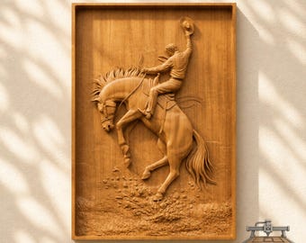 May include: A rectangular wooden wall plaque featuring a detailed relief carving of a cowboy riding a bucking horse. The figure holds a hat high in the air while mounted on the rearing animal. The natural wood grain is visible throughout the piece.