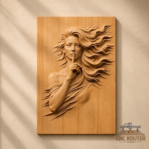 May include: A rectangular wooden wall plaque featuring a high-relief carving of a person with flowing hair, holding a finger to their lips in a gesture of silence. The light-colored wood grain is visible throughout the detailed sculpted surface.