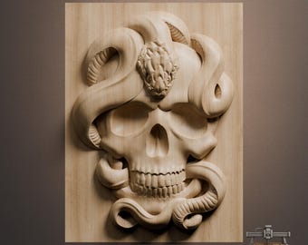 Skull and Snake Relief – 3D Wood Carving STL File for CNC Router (Digital Download)