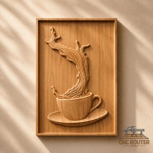 Relief z kubka z rozpryskującą się kawą – plik STL do rzeźbienia w drewnie 3D dla frezarki CNC