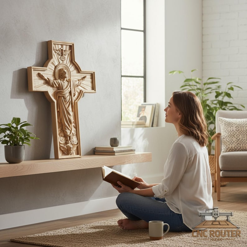 May include: A wooden cross with a carved figure of Jesus Christ, arms outstretched, is mounted on a wall. The cross is light brown and detailed. A woman sits on the floor, reading a book, with a mug nearby. A small plant and books are on a shelf.