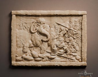 Mammoth Hunt Scene Relief – 3D-houtsnijwerk STL-bestand voor CNC-router