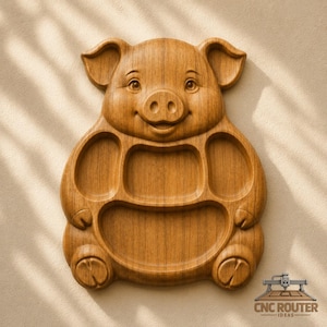 May include: A light brown wooden serving tray shaped like a pig with four distinct recessed compartments for food. The tray features a carved pig face at the top and hooves at the bottom. The text CNC ROUTER IDEAS is visible in the bottom corner.