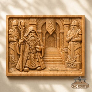 May include: A rectangular wooden wall plaque featuring a detailed relief carving of a central hooded figure holding a staff, flanked by two armored guards standing before a stone archway with stairs. The text CNC ROUTER IDEAS is at the bottom.