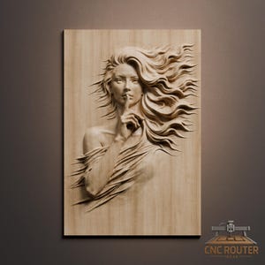 May include: A wooden relief carving of a woman with flowing hair, holding a finger to her lips in a 'shush' gesture. The artwork is mounted on a rectangular wooden panel. The image has a natural wood grain finish.