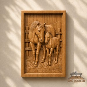 May include: A rectangular wooden wall plaque featuring a detailed relief carving of a mare and her foal standing together in front of a horizontal fence. The natural brown wood grain is visible throughout the artwork, which is framed in wood.