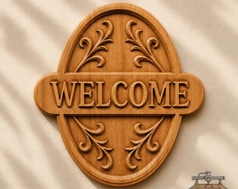 May include: An oval-shaped wooden wall sign featuring the word WELCOME in raised capital letters. The sign has a natural wood grain finish and is decorated with symmetrical, carved scrollwork patterns above and below the central text.