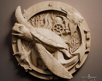 Sea Turtle Relief – 3D Wood Carving STL File for CNC Router (Digital Download)