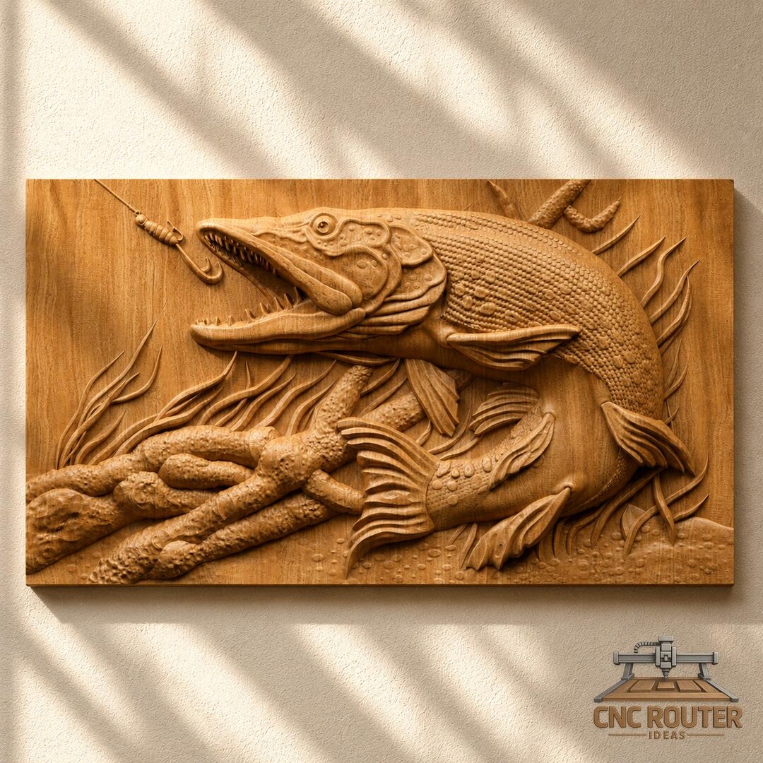 Pike Fishing Underwater Relief – 3D Wood Carving STL File for CNC