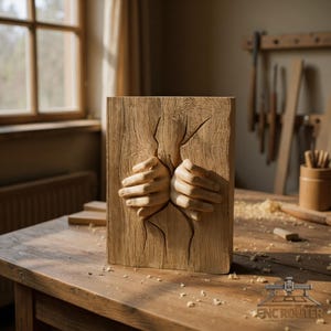 Puede incluir: Una escultura de madera tallada con dos manos emergiendo de un panel de madera. Las manos est&aacute;n detalladas y parecen estar rompiendo la madera. La escultura es de color marr&oacute;n claro y est&aacute; sobre una mesa de madera.