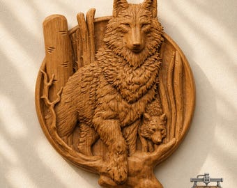 Wolf and Pup Relief – 3D Wood Carving STL File for CNC Router (Digital Download)
