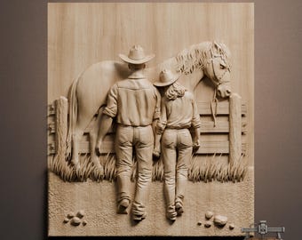 Cowboypar med hästrelief - CNC-fräs STL-fil (digital nedladdning)