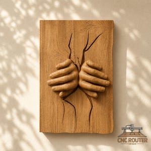 Puede incluir: Una pieza de arte mural rectangular de madera con un relieve tallado de dos manos que emergen de una grieta vertical central en la veta de la madera. La madera de color marrón claro muestra texturas naturales, con las manos posicionadas como si estuvieran separando la superficie hendida. El texto CNC ROUTER IDEAS es visible en la esquina inferior derecha.