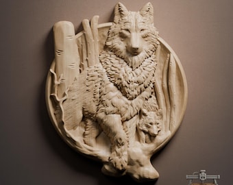 Wolf and Pup Relief – 3D Wood Carving STL File for CNC Router (Digital Download)