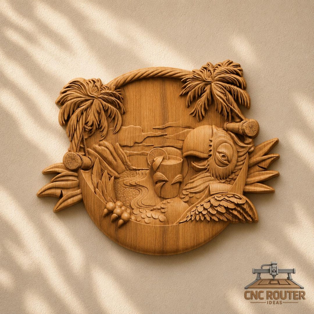 Wood Resin 南国カメ Tropical Parrot Beach Relief – 3D Wood Carving STL File for CNC