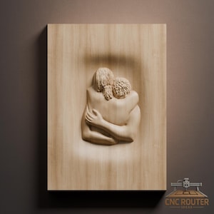 May include: A wooden relief carving of two figures in an embrace. The artwork is carved from natural wood, with detailed textures. The piece is mounted on a rectangular wooden panel, displaying the wood grain. The carving is a warm, neutral tone.