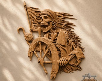 Relieve de esqueleto pirata: archivo STL de tallado en madera 3D para fresadora CNC (descarga digital)