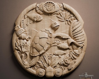 Sea Turtle Ocean World Relief – 3D Wood Carving STL File for CNC Router