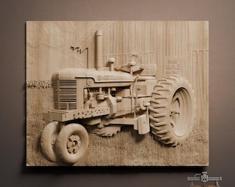 Vintage Farm Tractor & Barn Scene – Relief 3D Wood Carving STL File for CNC Router