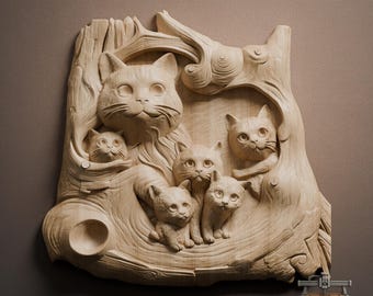 Cat Family in Tree Relief – 3D Wood Carving STL File for CNC Router