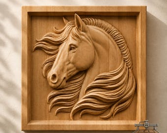 Retrato de caballo con crin ondulada en relieve – Archivo STL de tallado en madera 3D para fresadora CNC