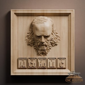 May include: Wooden wall art featuring a carved portrait of a man with a long beard and hair. The word "ALCOHOLIC" is spelled out using periodic table elements. The artwork is framed in a light wood color.