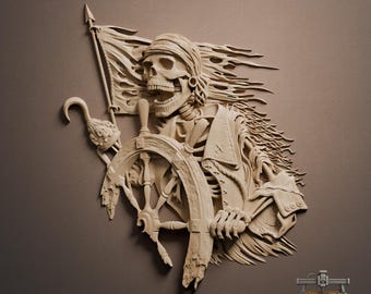 Pirate Skeleton Relief – 3D Wood Carving STL File for CNC Router (Digital Download)
