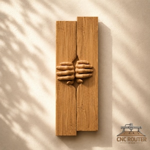 Puede incluir: Una pieza de arte mural vertical que presenta dos tablones de madera de color marrón claro con una textura de grano natural. Dos manos de madera tallada emergen de la brecha central entre los tablones, pareciendo agarrar los bordes. El logo CNC ROUTER IDEAS es visible.