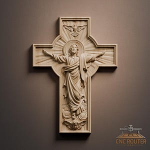 May include: A wooden cross carving featuring a detailed depiction of Jesus with outstretched arms, surrounded by a halo and rays of light. A dove is carved at the top, and an angel at the bottom. The cross is made of light-colored wood.