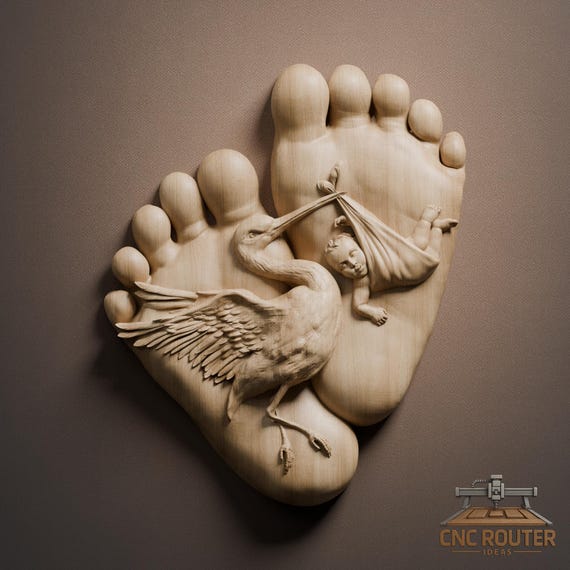 Stork and Baby Feet – 3D Wood Carving STL File for CNC Router