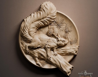 Squirrel Relief with Pine Cones: 3D Wood Carving STL File (Digital Download)