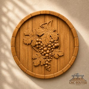 May include: A circular wooden wall plaque featuring a carved relief of a grape cluster with detailed leaves. The design is set within a frame resembling a barrel head, showcasing natural wood grain textures and a CNC Router Ideas logo in the corner.